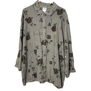 Hot Cotton Marc Ware L  100% Linen Shirt Top Floral Button Front Lagenlook USA